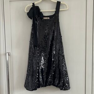 See By Chloé Black Sequin 100% silk Tie-Shoulder Strap Bubble Hem Mini Dress